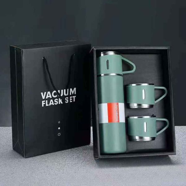 Stainless Steel Vacuum Thermos Flask with Silicone Handle and Insulated Lid Set With Stainless Steel Cups for Hot and Cold Beverages