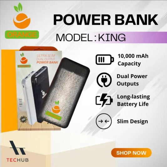 Orange Ultra Slim Dual Output Power Bank – Model: King – 10,000 MAH